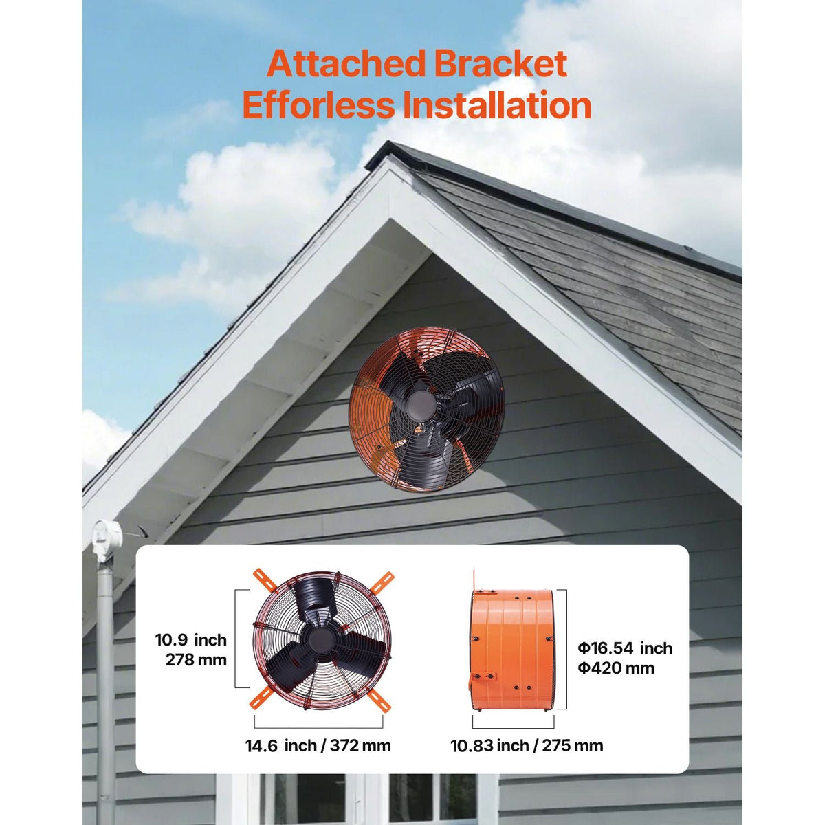 Gable Mount Fan, 16 Inch Attic Exhaust Fan with Adjustable Thermostat & Outer Mesh, 2940 CFM House Ventilator Cools Up to 4200 Sq.Ft, Quiet Ventilation for Roof, Garage & Shop, Vibrant Orange