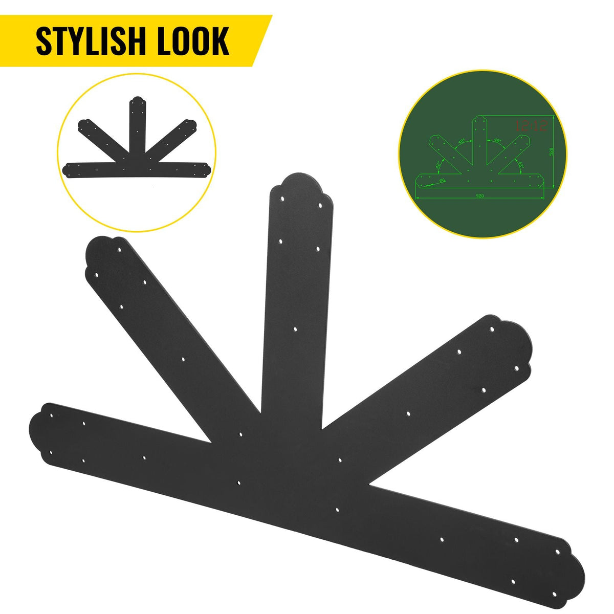 Gable Plate, Black Powder-Coated Truss Connector Plates, 12:12 Pitch Gable Bracket, 4 mm / 0.16\" Steel Truss Nail Plates, Decorative Gable Plate with Bolts for Wooden Beam Use