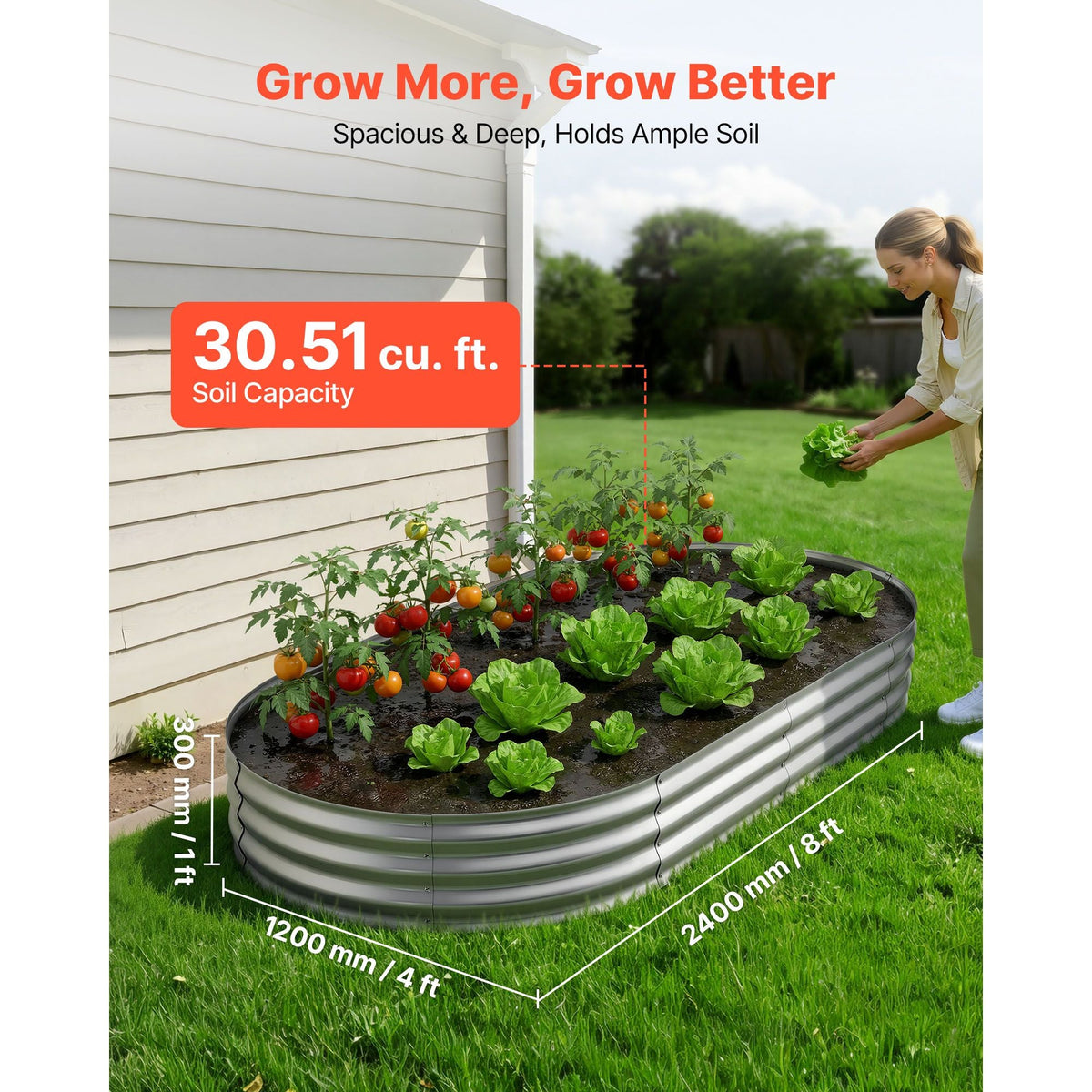 Galvanized Raised Garden Bed, 8 x 4 x 1 ft, Oval Metal Planter Box Kit Outdoor, Bottomless Elevated Garden Box with Gloves, Rustproof Alu-Zinc, for Planting Flowers Fruits Vegetables, Silver