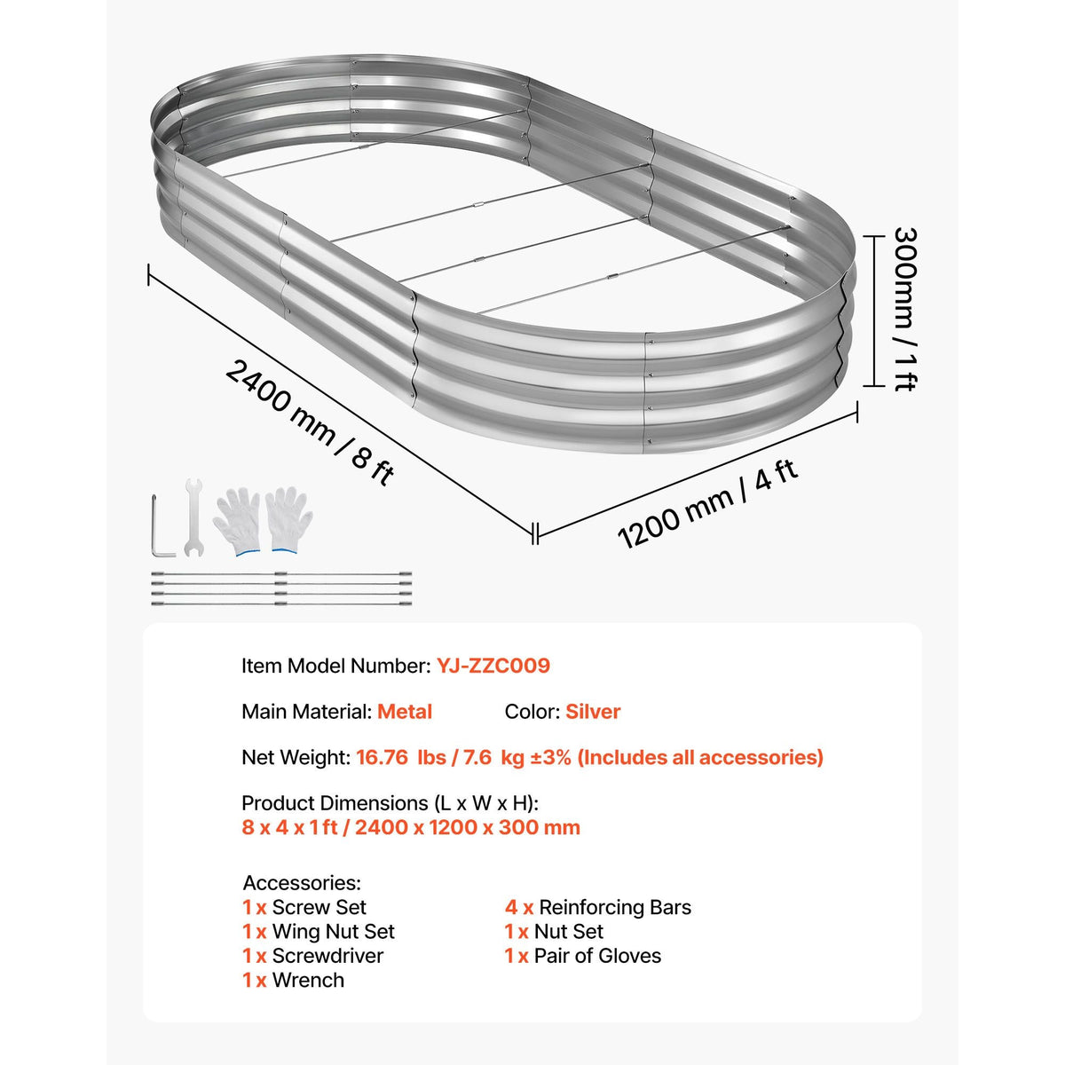 Galvanized Raised Garden Bed, 8 x 4 x 1 ft, Oval Metal Planter Box Kit Outdoor, Bottomless Elevated Garden Box with Gloves, Rustproof Alu-Zinc, for Planting Flowers Fruits Vegetables, Silver