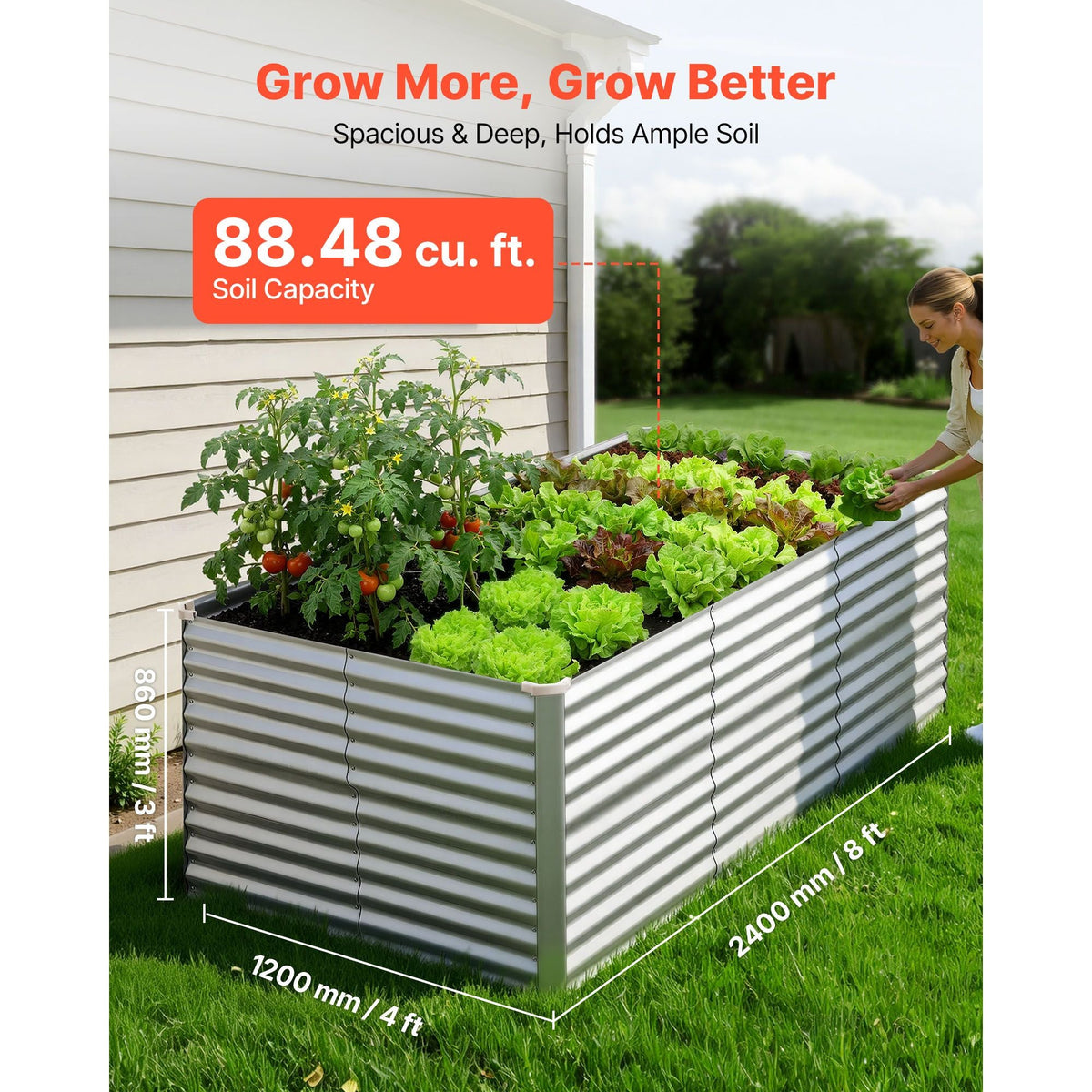 Galvanized Raised Garden Bed, 8 x 4 x 3 ft, Rectangular Metal Planter Box Kit Outdoor, Bottomless Elevated Planting Box with Gloves, Rustproof Alu-Zinc, for Growing Flowers Vegetables, Silver
