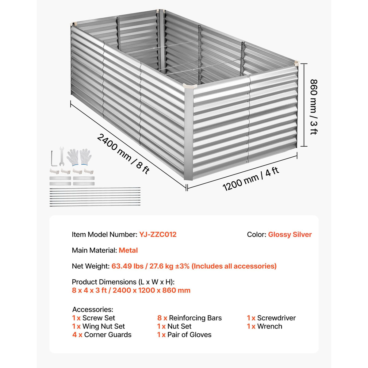 Galvanized Raised Garden Bed, 8 x 4 x 3 ft, Rectangular Metal Planter Box Kit Outdoor, Bottomless Elevated Planting Box with Gloves, Rustproof Alu-Zinc, for Growing Flowers Vegetables, Silver