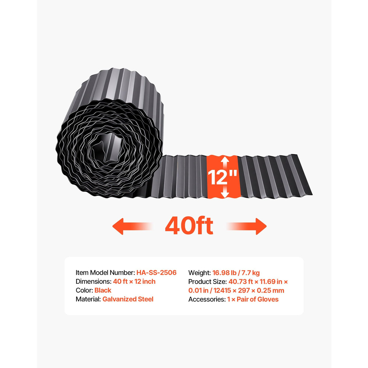 Galvanized Steel Landscape Edging, 40 ft x 12 in Metal Edging for Landscaping with Gloves, Easy-to-Install Bendable Metal Strips, Heavy Duty Metal Garden Edge Border for Flower Bed, Yard Pathway