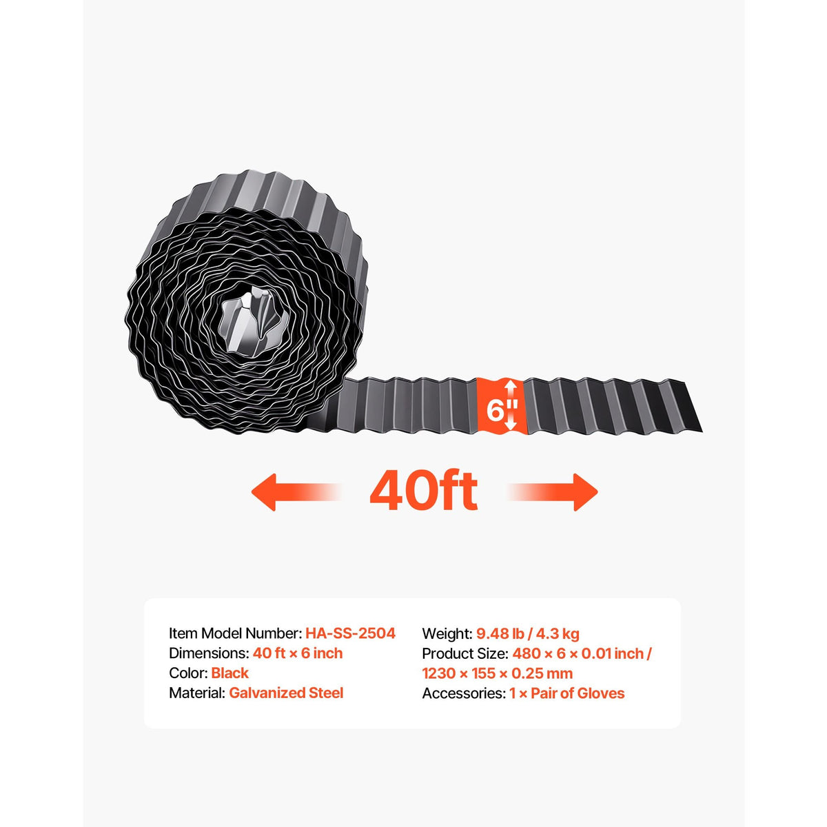 Galvanized Steel Landscape Edging, 40 ft x 6 in Metal Edging for Landscaping with Gloves, Easy-to-Install Bendable Metal Strips, Heavy Duty Metal Garden Edge Border for Flower Bed, Yard Pathway