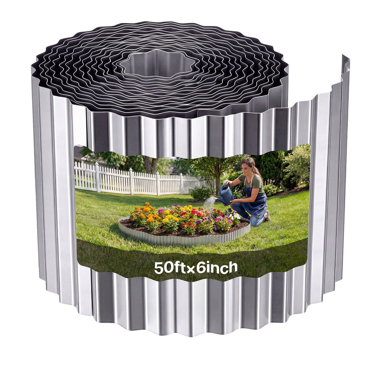 Galvanized Steel Landscape Edging, 50 ft x 6 in Metal Edging for Landscaping with Gloves, Easy-to-Install Bendable Metal Strips, Heavy Duty Metal Garden Edge Border for Flower Bed, Yard Pathway