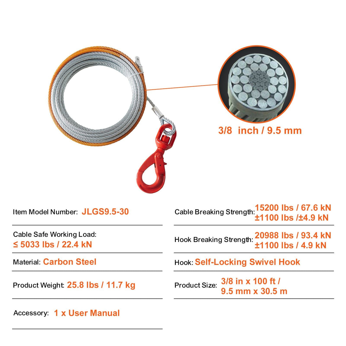 Galvanized Steel Winch Cable, 3/8 Inch x 100 Feet 15,200 lbs Breaking Strength, Wire Winch Rope with Swivel Hook, Towing Cable Heavy Duty, Universal Fit for SUV, Large Off-Road Vehicle, Truck