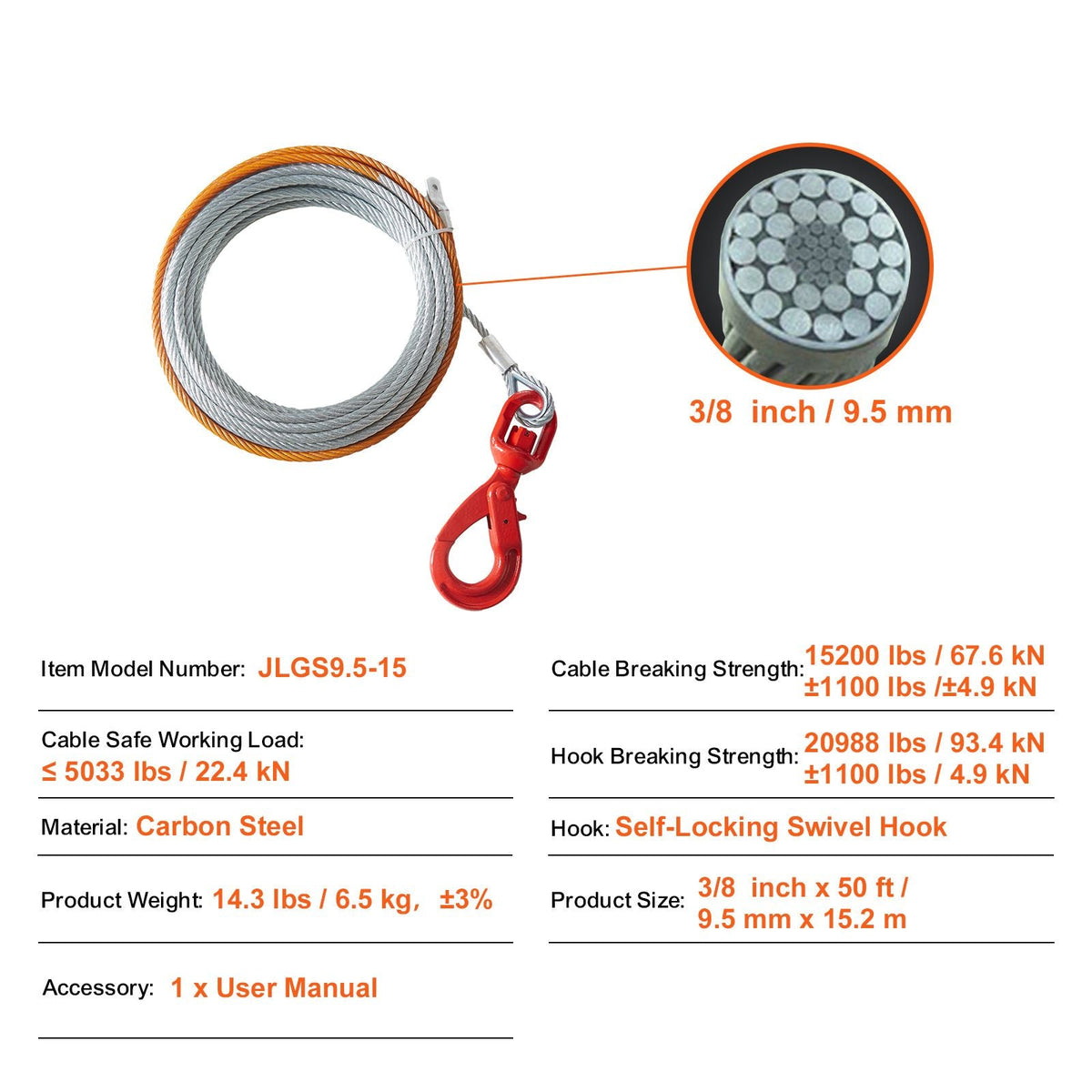Galvanized Steel Winch Cable, 3/8 Inch x 50 Feet 15,200 lbs Breaking Strength, Wire Winch Rope with Swivel Hook, Towing Cable Heavy Duty, Universal Fit for SUV, Large Off-Road Vehicle, Truck