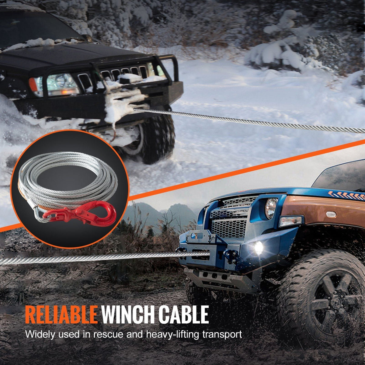 Galvanized Steel Winch Cable, 3/8 Inch x 75 Feet 15,200 lbs Breaking Strength, Wire Winch Rope with Swivel Hook, Towing Cable Heavy Duty, Universal Fit for SUV, Large Off-Road Vehicle, Truck