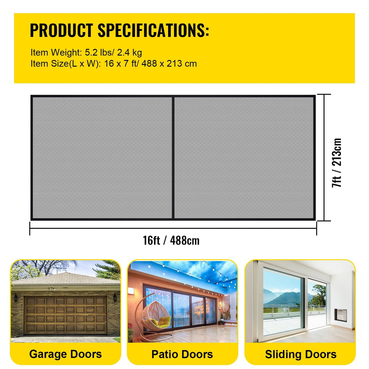 Garage Door Screen, 16 x 7 ft for 2 Cars, 5.2 lbs Heavy-Duty Fiberglass Mesh for Quick Entry with Self Sealing Magnet and Weighted Bottom, Kids / Pets Friendly, Easy to Install and Retractable