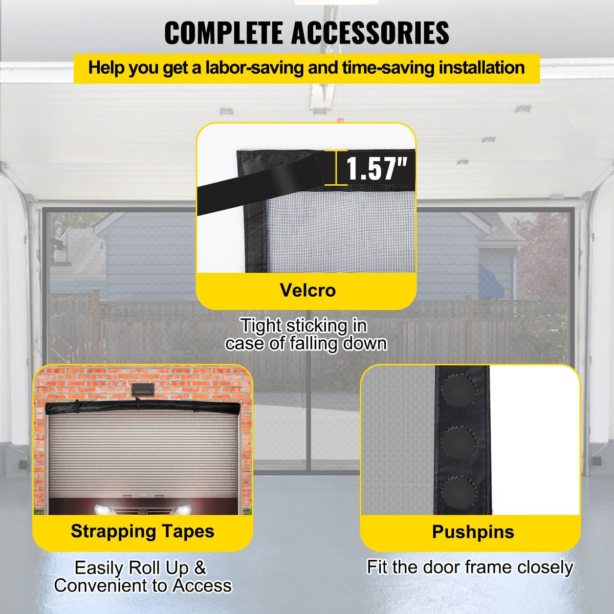 Garage Door Screen, 16 x 7 ft for 2 Cars, 5.2 lbs Heavy-Duty Fiberglass Mesh for Quick Entry with Self Sealing Magnet and Weighted Bottom, Kids / Pets Friendly, Easy to Install and Retractable