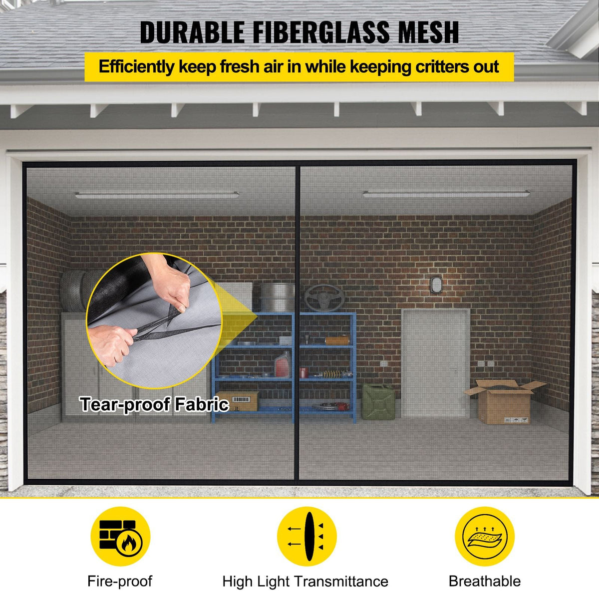 Garage Door Screen, 16 x 7 ft for 2 Cars, 5.2 lbs Heavy-Duty Fiberglass Mesh for Quick Entry with Self Sealing Magnet and Weighted Bottom, Kids / Pets Friendly, Easy to Install and Retractable