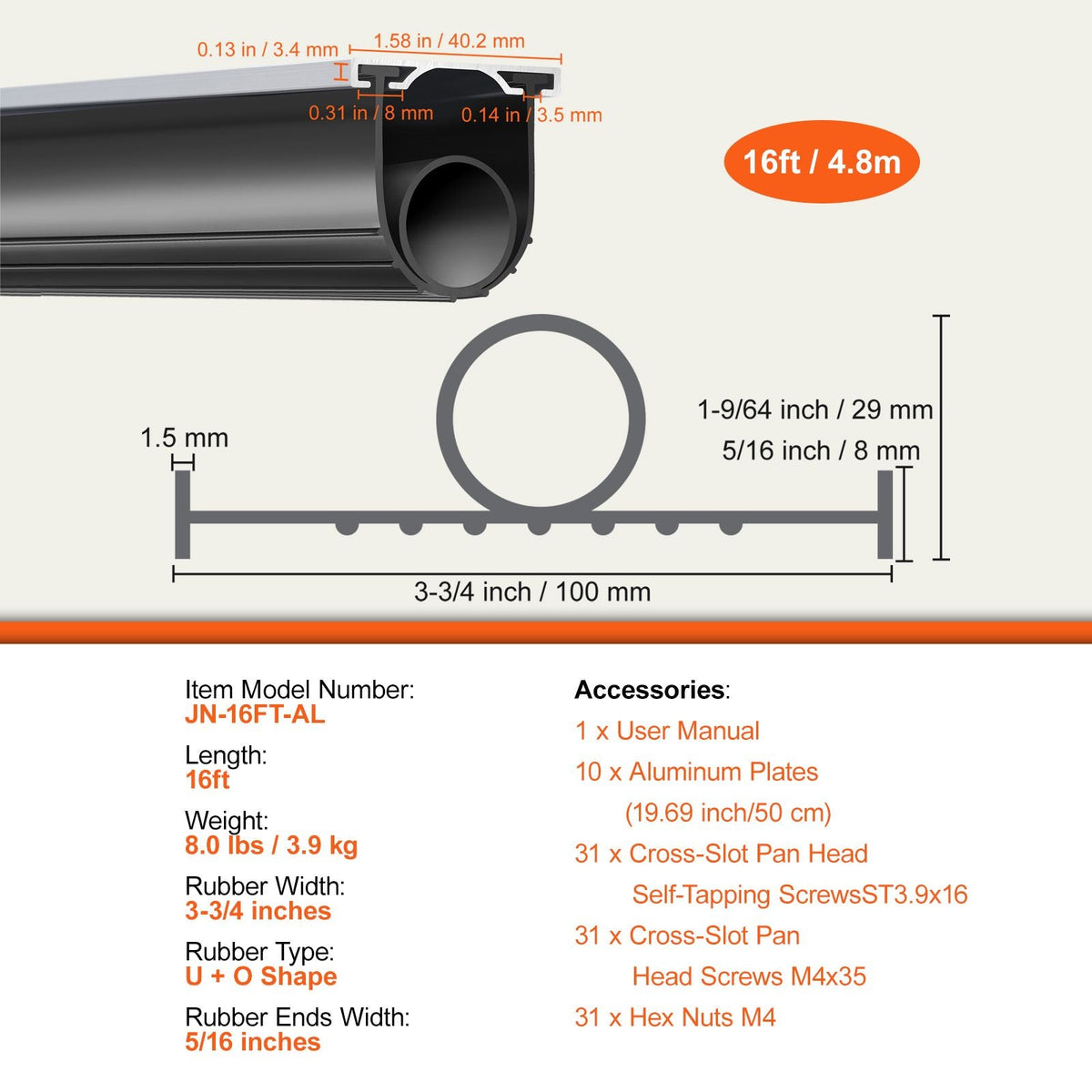 Garage Door Seals Bottom Rubber, U Shape +O Ring Combination Garage Door Weather Stripping with Pre-drilled Aluminum Track Retainer Kit, 5/16 inch T-ends and 3 3/4 inch Width (16 Ft, Black)