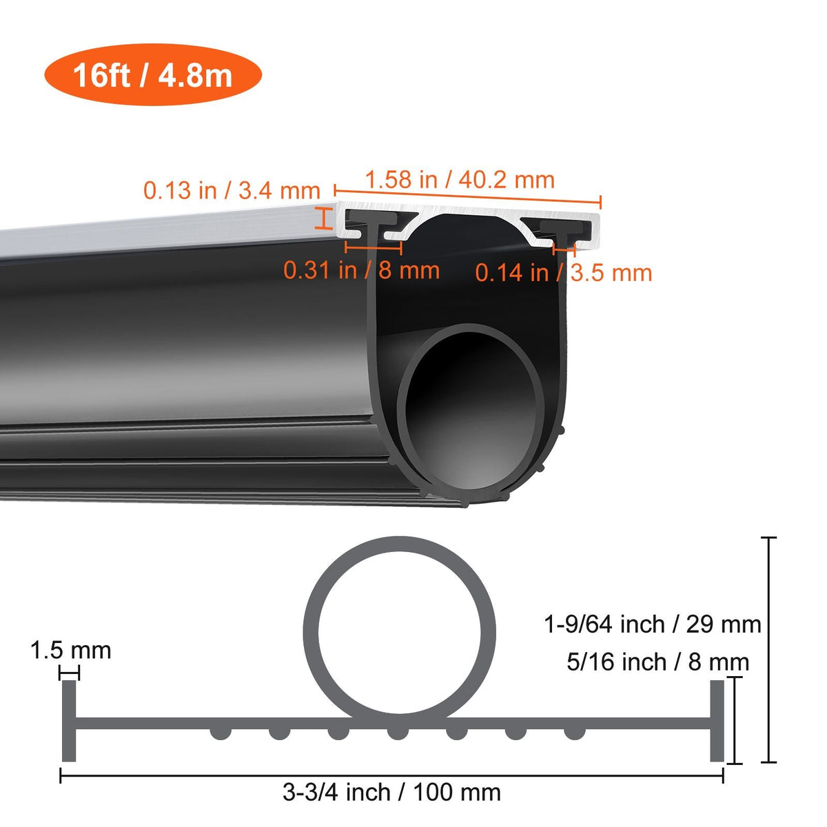 Garage Door Seals Bottom Rubber, U Shape +O Ring Combination Garage Door Weather Stripping with Pre-drilled Aluminum Track Retainer Kit, 5/16 inch T-ends and 3 3/4 inch Width (16 Ft, Black)