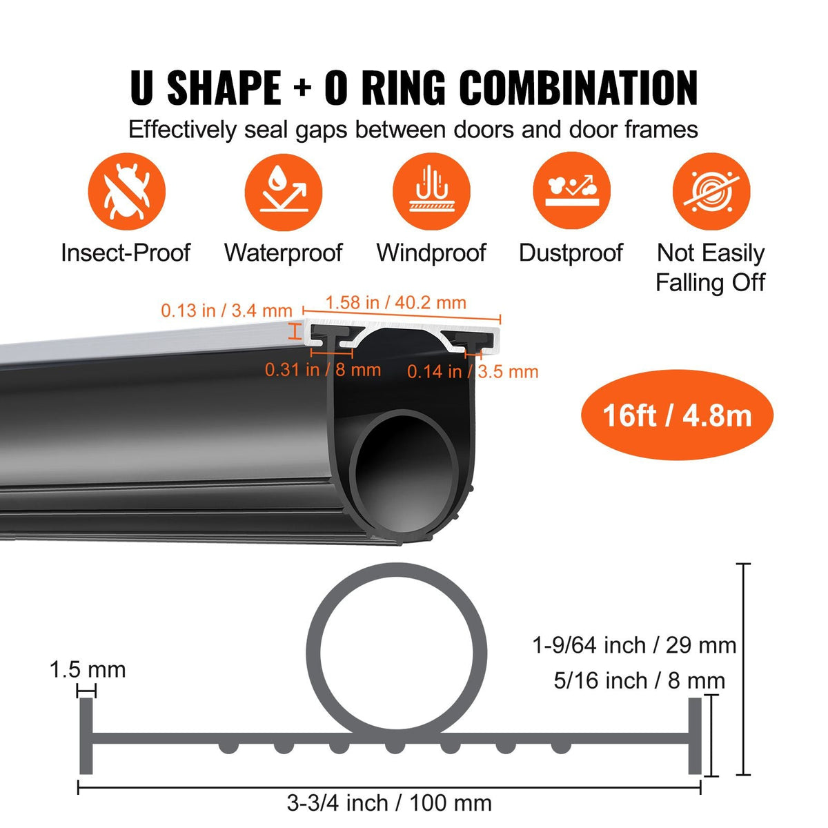 Garage Door Seals Bottom Rubber, U Shape +O Ring Combination Garage Door Weather Stripping with Pre-drilled Aluminum Track Retainer Kit, 5/16 inch T-ends and 3 3/4 inch Width (16 Ft, Black)