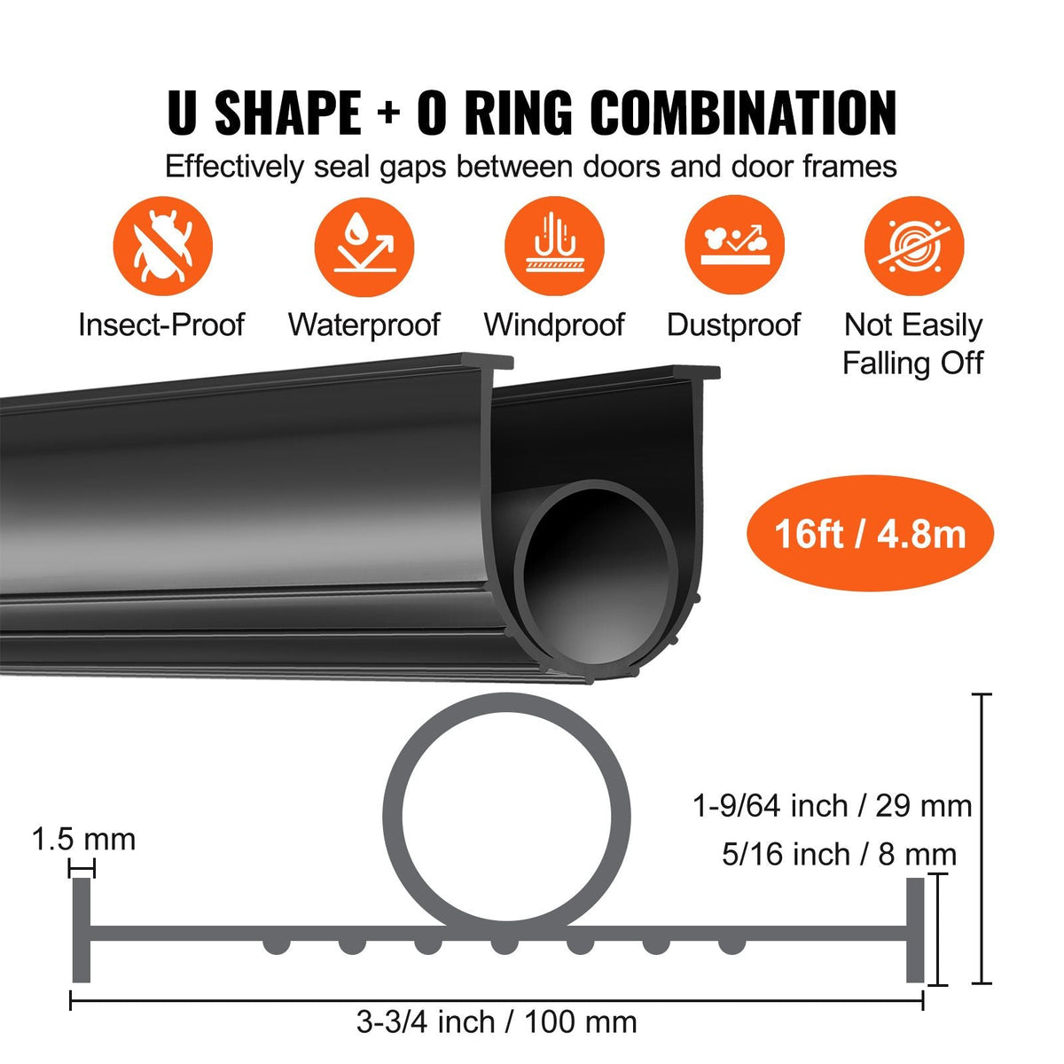 Garage Door Seals Bottom Rubber, U Shape +O Ring Garage Door Weather Stripping, Universal Weatherproof Threshold Buffering Sealing Rubber , 5/16 inch T-ends and 3 3/4 inch Width (16 Ft, Black)