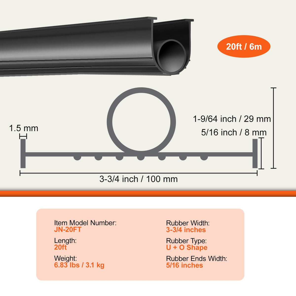 Garage Door Seals Bottom Rubber, U Shape +O Ring Garage Door Weather Stripping, Universal Weatherproof Threshold Buffering Sealing Rubber , 5/16 inch T-ends and 3 3/4 inch Width (20 Ft, Black)
