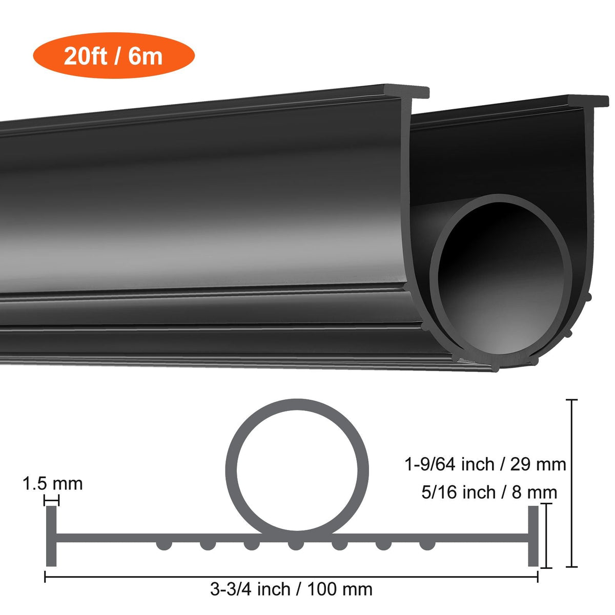 Garage Door Seals Bottom Rubber, U Shape +O Ring Garage Door Weather Stripping, Universal Weatherproof Threshold Buffering Sealing Rubber , 5/16 inch T-ends and 3 3/4 inch Width (20 Ft, Black)