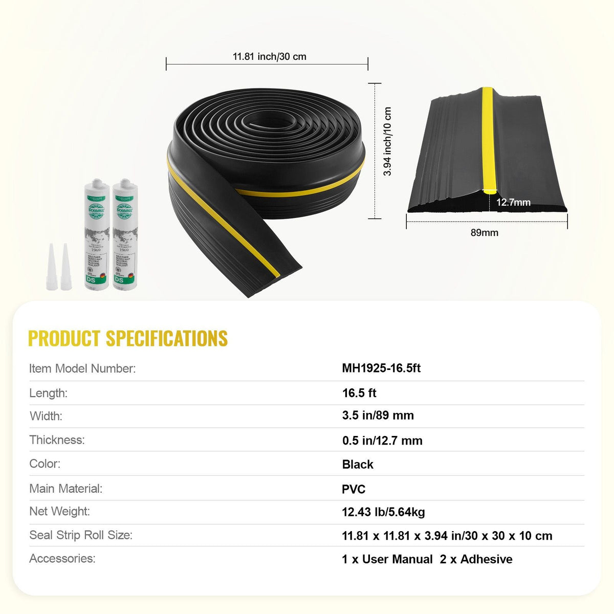 Garage Door Threshold Seal Strip, 16.5 FT Universal Garage Door Floor Seal Strip with Adhesive, Garage Door Bottom Weatherproof Strip, Upgraded Thick PVC DIY Weather Stripping Replacement, Black
