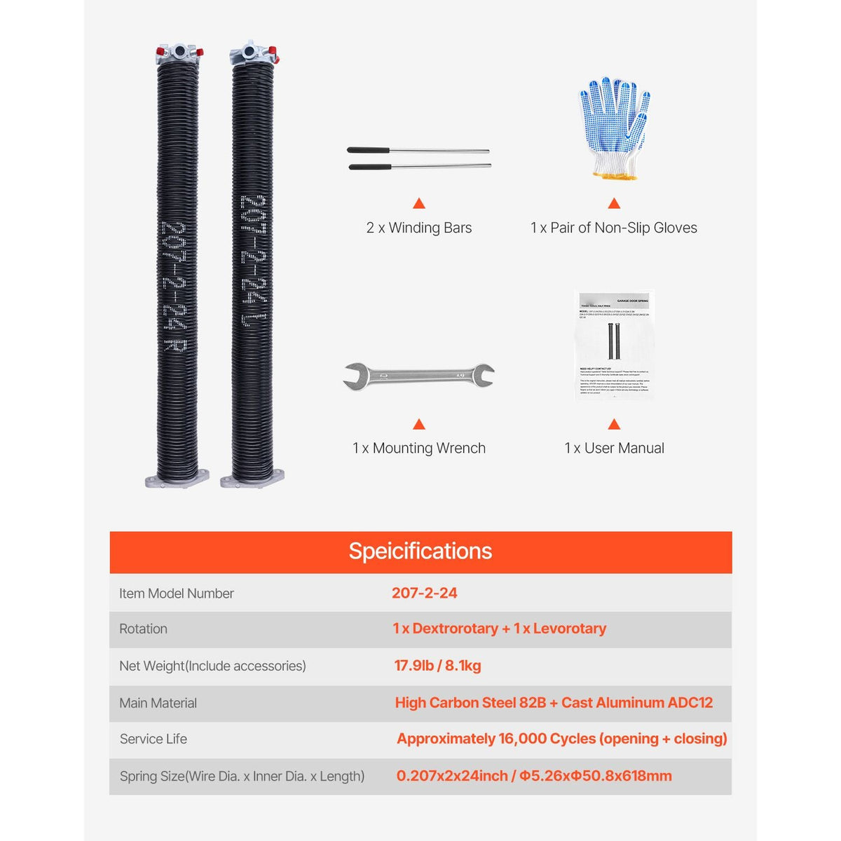 Garage Door Torsion Springs, Pair of 0.207 x 2 x 24 in, 16000 Cycles, Electrophoresis Black Coated for Replacement, Garage Door Springs with Non-Slip Winding Bars, Gloves and Mounting Wrench