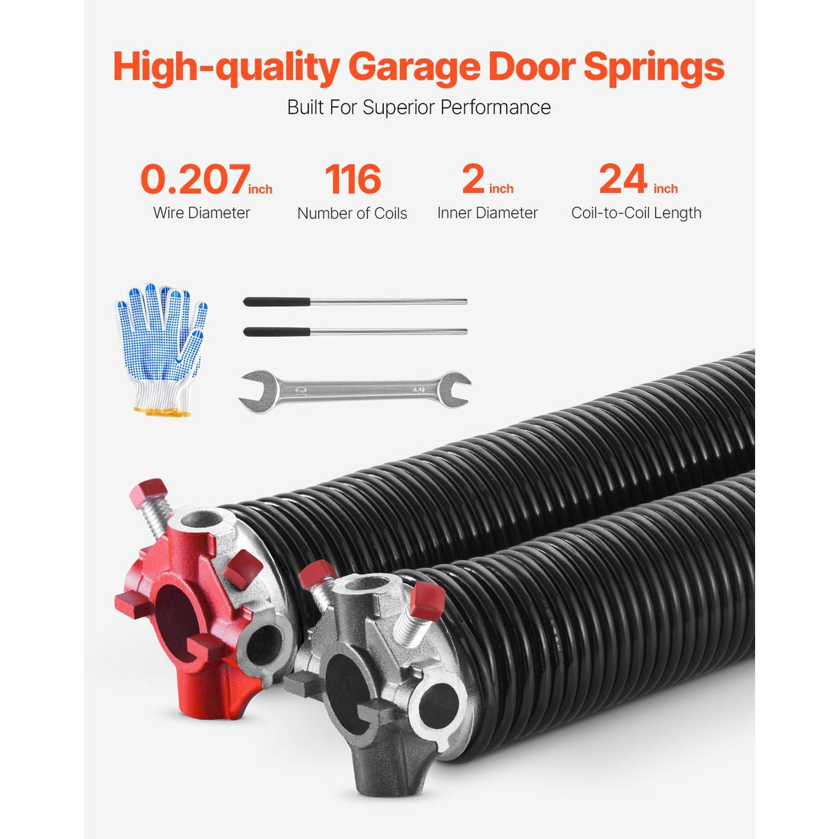 Garage Door Torsion Springs, Pair of 0.207 x 2 x 24 in, 16000 Cycles, Electrophoresis Black Coated for Replacement, Garage Door Springs with Non-Slip Winding Bars, Gloves and Mounting Wrench