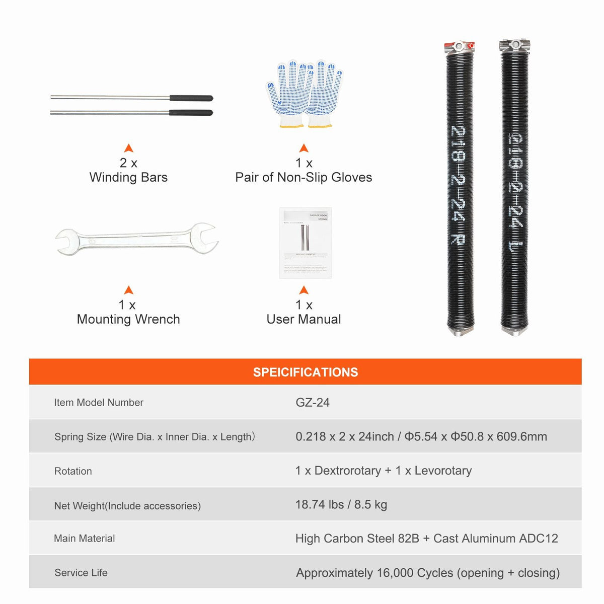 Garage Door Torsion Springs, Pair of 0.218 x 2 x 24inch, Garage Door Springs with Non-Slip Winding Bars, 16000 Cycles, Gloves and Mounting Wrench, Electrophoresis Coated for Replacement