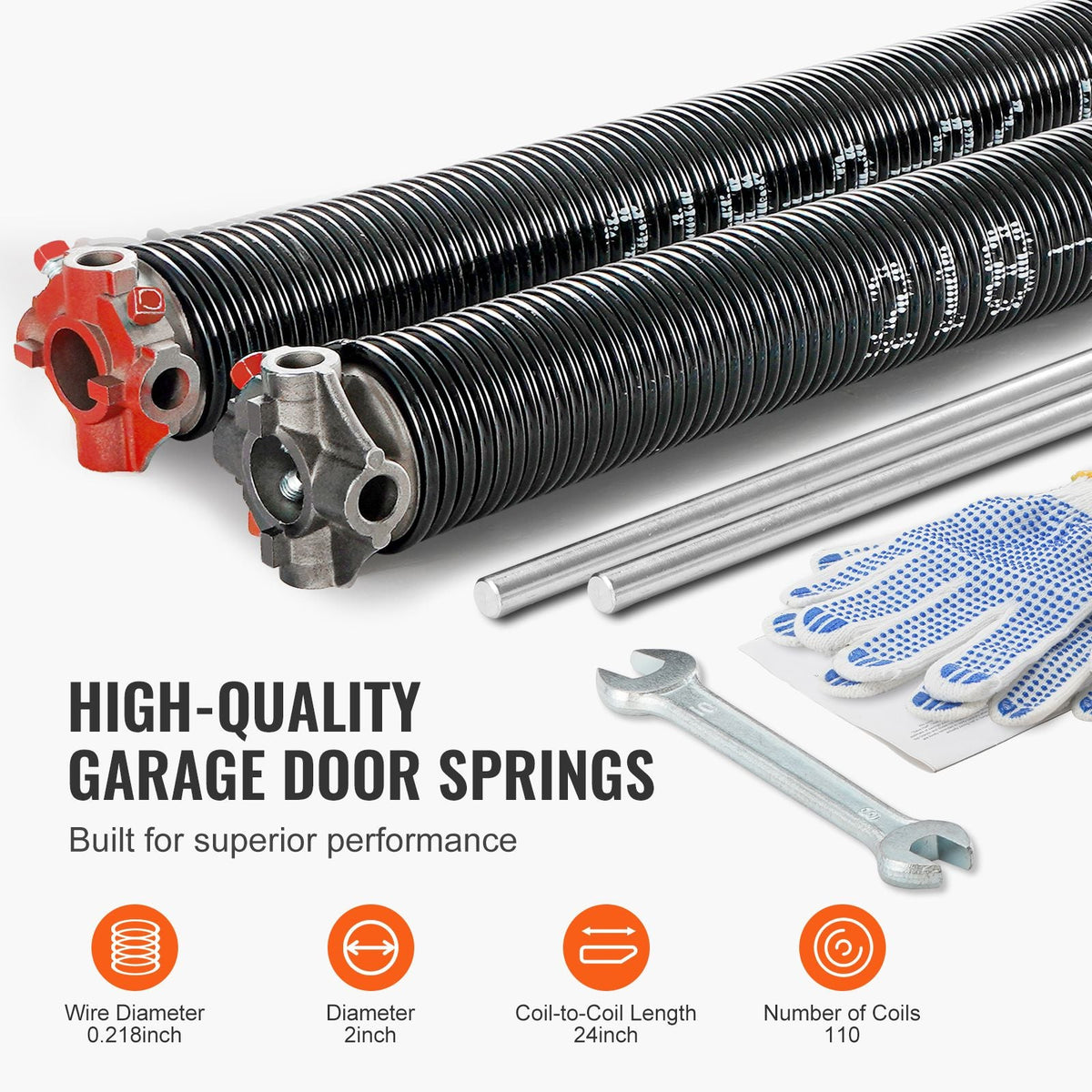 Garage Door Torsion Springs, Pair of 0.218 x 2 x 24inch, Garage Door Springs with Non-Slip Winding Bars, 16000 Cycles, Gloves and Mounting Wrench, Electrophoresis Coated for Replacement