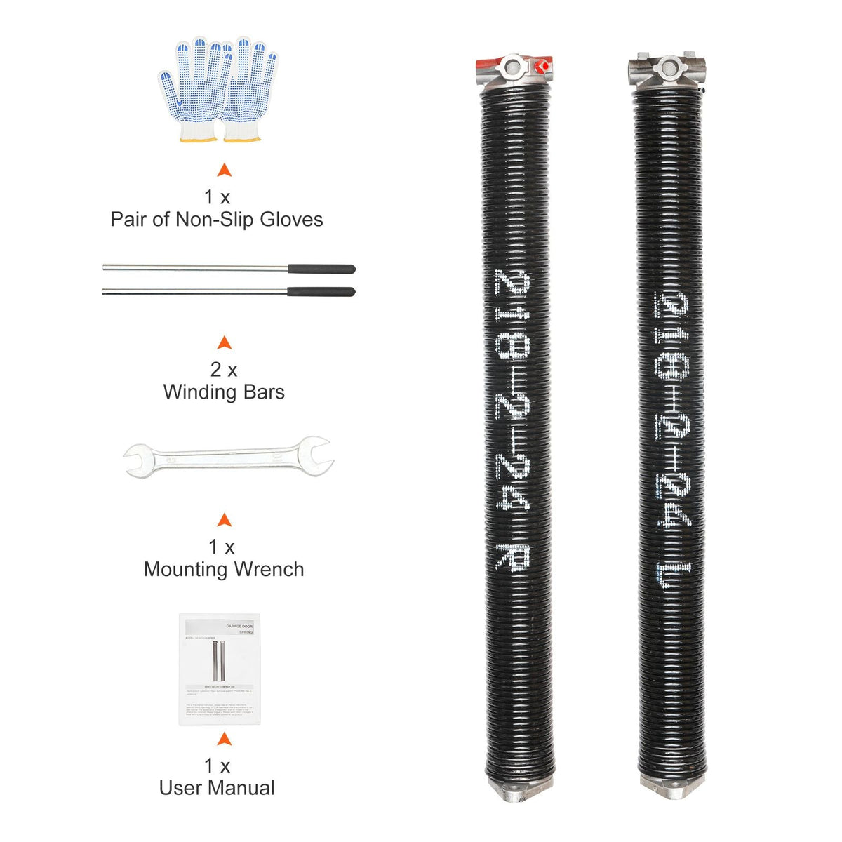 Garage Door Torsion Springs, Pair of 0.218 x 2 x 24inch, Garage Door Springs with Non-Slip Winding Bars, 16000 Cycles, Gloves and Mounting Wrench, Electrophoresis Coated for Replacement