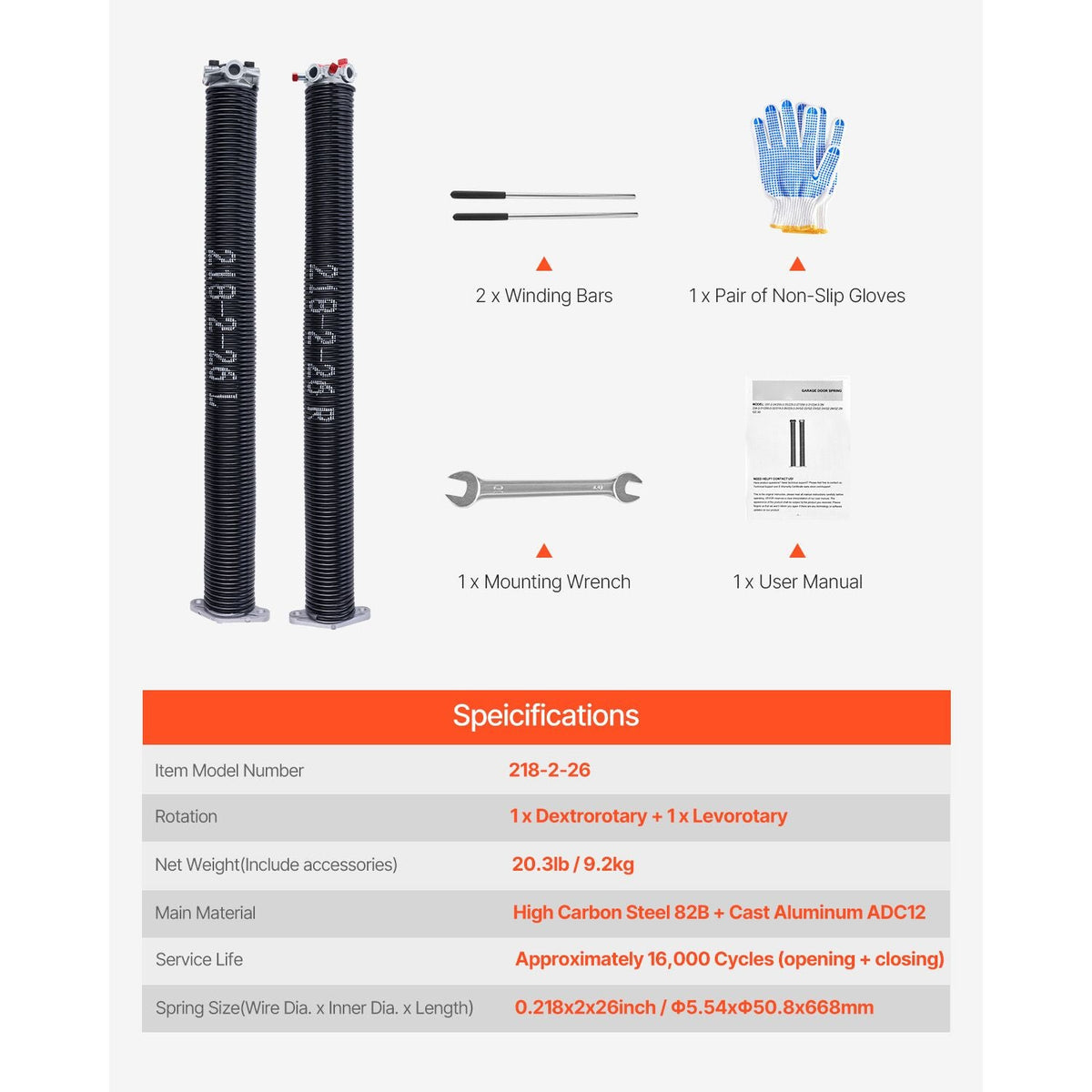 Garage Door Torsion Springs, Pair of 0.218 x 2 x 26 in, 16000 Cycles, Electrophoresis Black Coated for Replacement, Garage Door Springs with Non-Slip Winding Bars, Gloves and Mounting Wrench