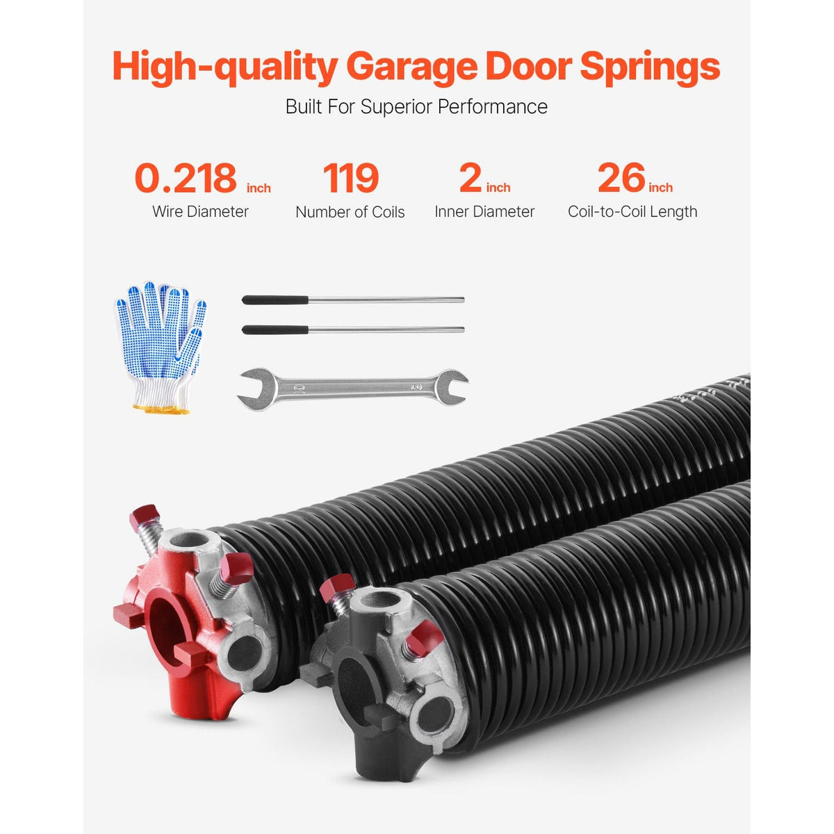 Garage Door Torsion Springs, Pair of 0.218 x 2 x 26 in, 16000 Cycles, Electrophoresis Black Coated for Replacement, Garage Door Springs with Non-Slip Winding Bars, Gloves and Mounting Wrench