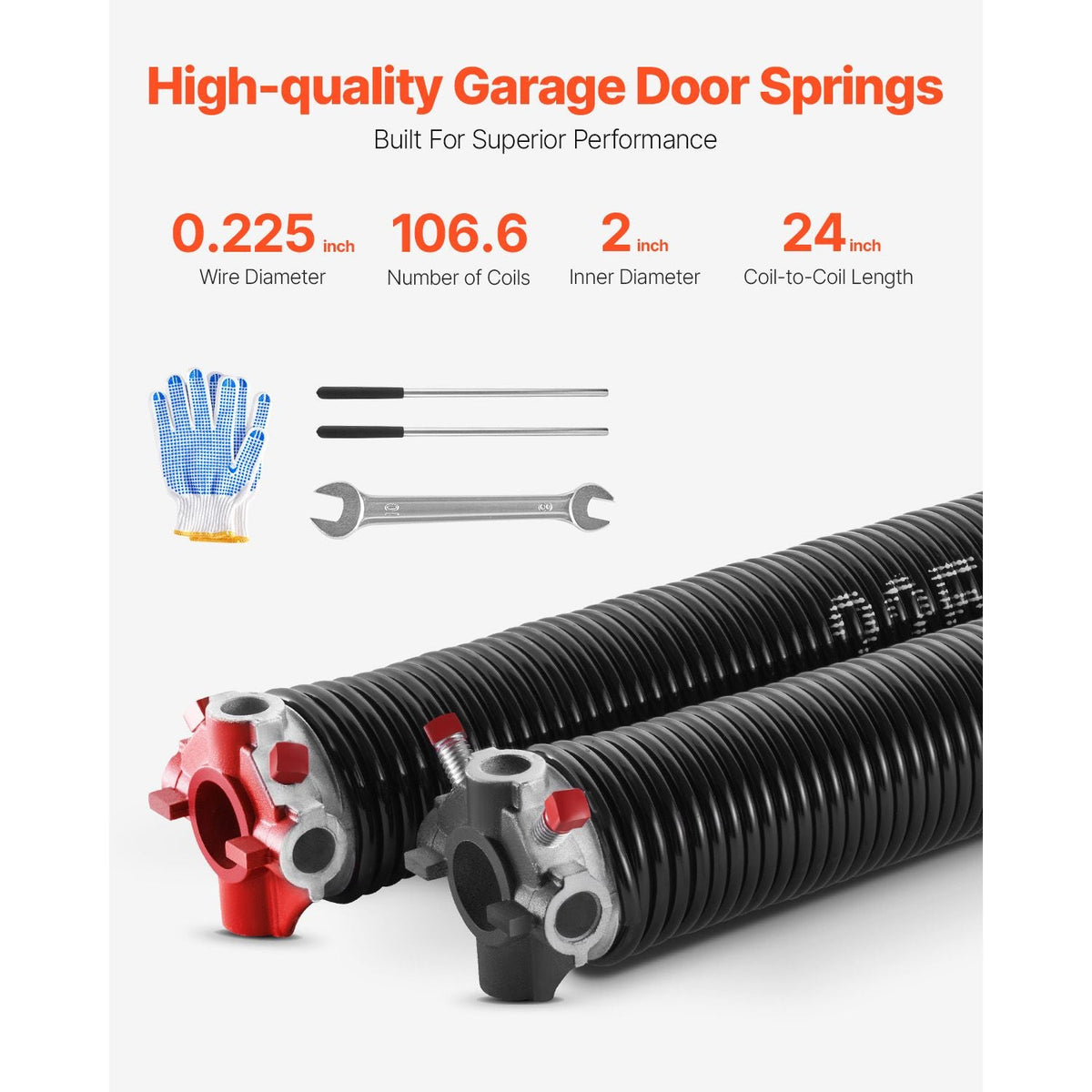 Garage Door Torsion Springs, Pair of 0.225 x 2 x 24 in, 16000 Cycles, Electrophoresis Black Coated for Replacement, Garage Door Springs with Non-Slip Winding Bars, Gloves and Mounting Wrench