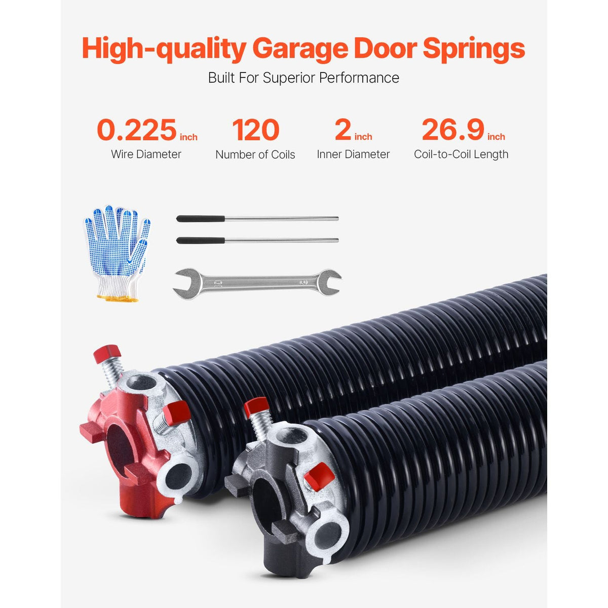 Garage Door Torsion Springs, Pair of 0.225 x 2 x 27 in, 16000 Cycles, Electrophoresis Black Coated for Replacement, Garage Door Springs with Non-Slip Winding Bars, Gloves and Mounting Wrench
