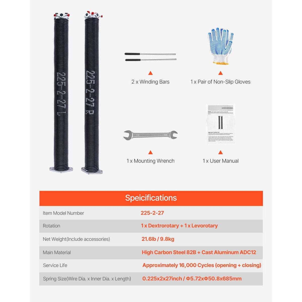 Garage Door Torsion Springs, Pair of 0.225 x 2 x 27 in, 16000 Cycles, Electrophoresis Black Coated for Replacement, Garage Door Springs with Non-Slip Winding Bars, Gloves and Mounting Wrench