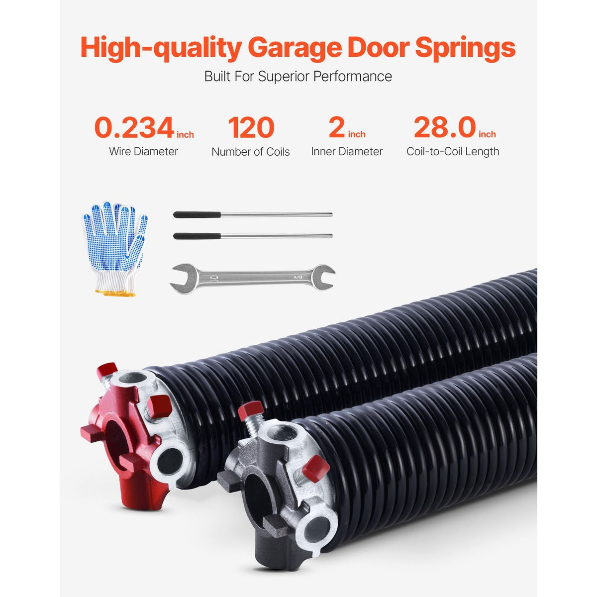 Garage Door Torsion Springs, Pair of 0.234 x 2 x 28 in, 16000 Cycles, Electrophoresis Black Coated for Replacement, Garage Door Springs with Non-Slip Winding Bars, Gloves and Mounting Wrench