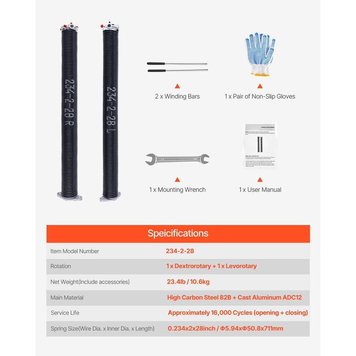 Garage Door Torsion Springs, Pair of 0.234 x 2 x 28 in, 16000 Cycles, Electrophoresis Black Coated for Replacement, Garage Door Springs with Non-Slip Winding Bars, Gloves and Mounting Wrench
