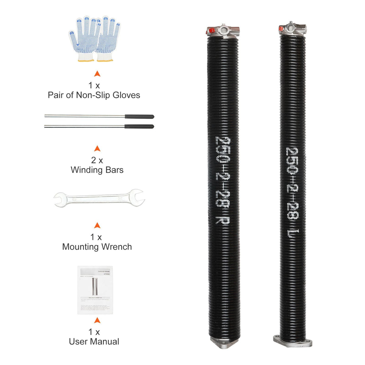 Garage Door Torsion Springs, Pair of 0.25 x 2 x 28inch, Garage Door Springs with Non-Slip Winding Bars, 16000 Cycles, Gloves and Mounting Wrench, Electrophoresis Coated for Replacement