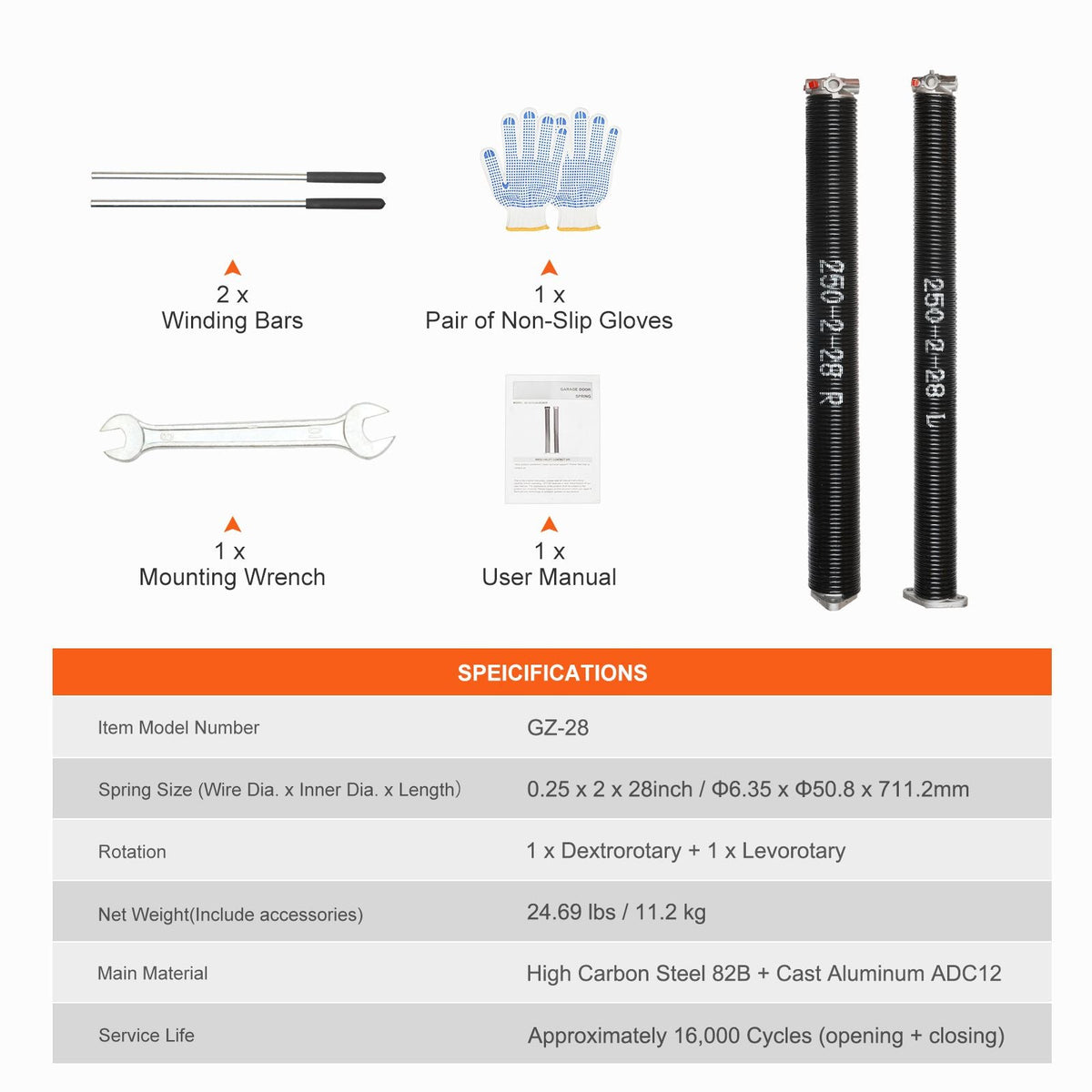 Garage Door Torsion Springs, Pair of 0.25 x 2 x 28inch, Garage Door Springs with Non-Slip Winding Bars, 16000 Cycles, Gloves and Mounting Wrench, Electrophoresis Coated for Replacement