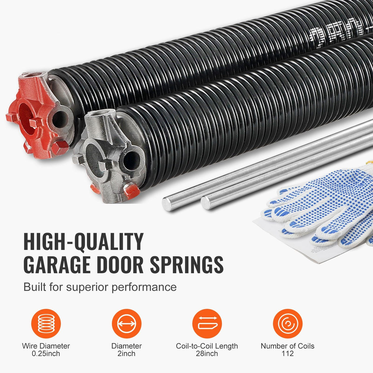Garage Door Torsion Springs, Pair of 0.25 x 2 x 28inch, Garage Door Springs with Non-Slip Winding Bars, 16000 Cycles, Gloves and Mounting Wrench, Electrophoresis Coated for Replacement