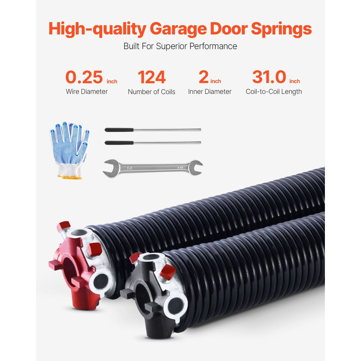 Garage Door Torsion Springs, Pair of 0.25 x 2 x 31 in, 16000 Cycles, Electrophoresis Black Coated for Replacement, Garage Door Springs with Non-Slip Winding Bars, Gloves and Mounting Wrench