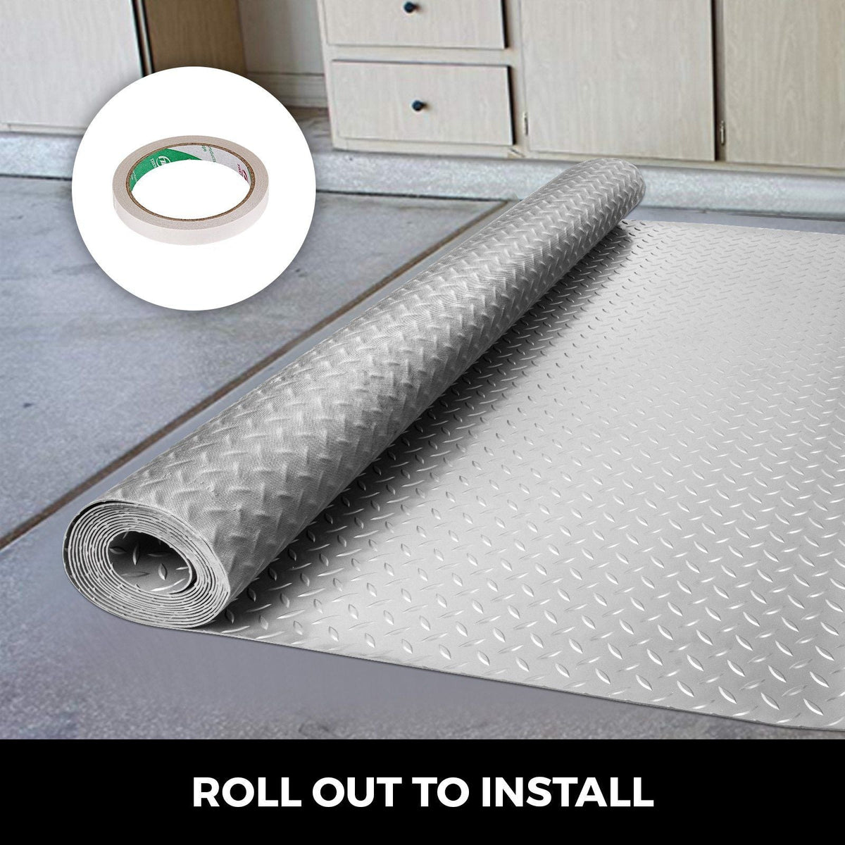 Garage Floor Mat, 303.15 x 43.31 inch PVC Garage Flooring Roll, Non-slip Diamond Texture, 91.17 sq.ft Covering Space, Garage Mats for Under Cars, for Gyms Boats Car Trailer, Silver