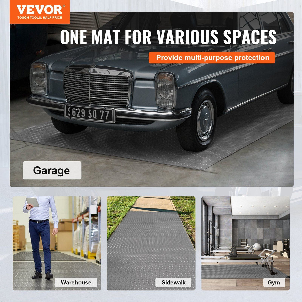 Garage Floor Mat 4.9x19ft Vinyl Garage Flooring Roll Anti-Slide Diamond Texture Gray Garage Mats for Under Car 93 sqft Covering Space DIY PVC Garage Floor Mat for Gyms Boats Car Trailer