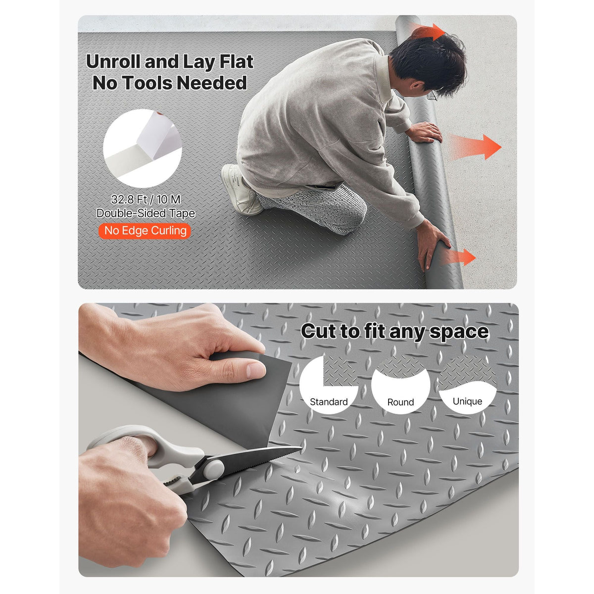 Garage Floor Roll, 7.5 x 17 ft Garage Flooring Mat, 2.2 mm Thickened PVC Diamond Plate Floor Protector Mat with Double-sided Tape, Non-Slip, Easy to Clean for Warehouse, Gyms,Silver Gray
