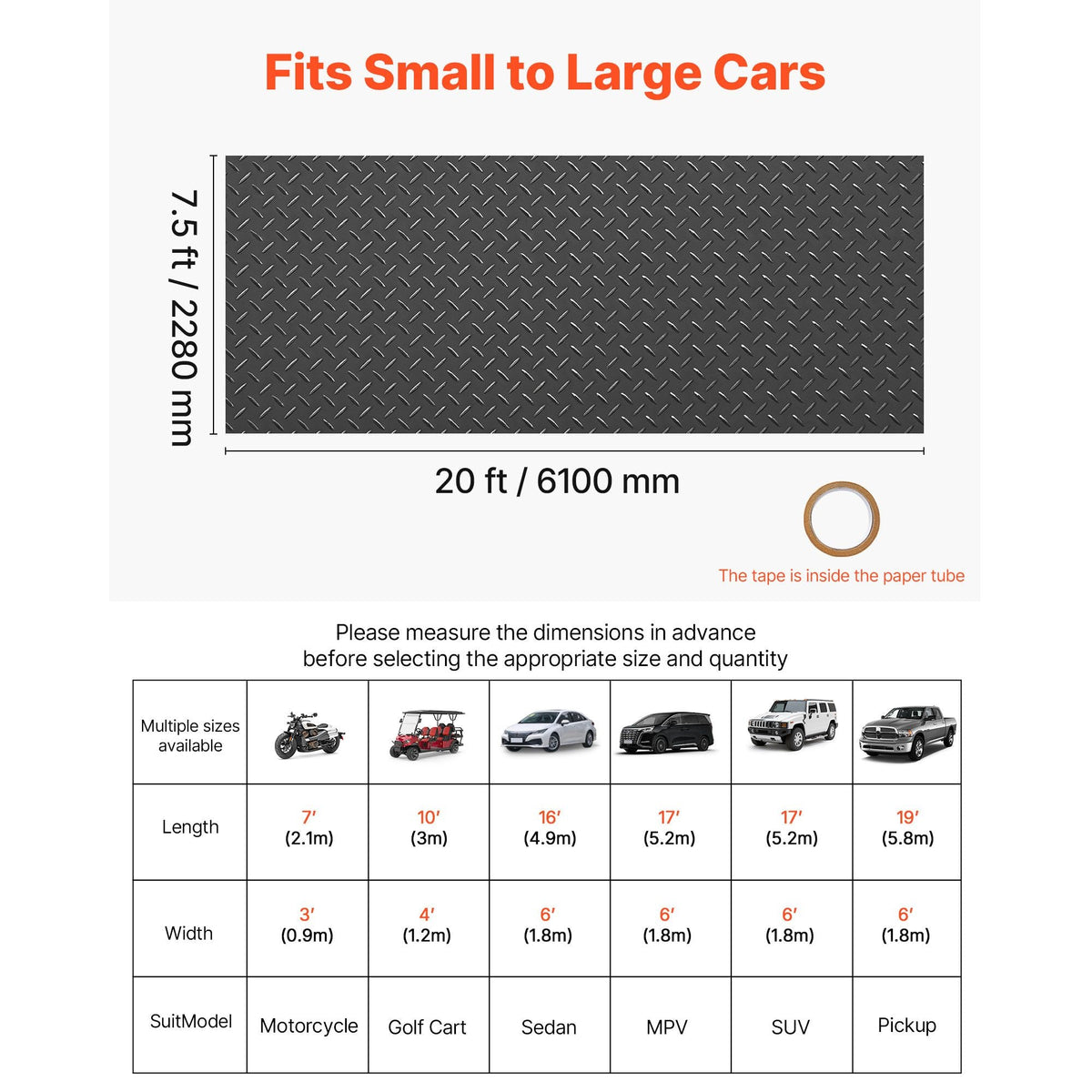Garage Floor Roll, 7.5 x 20 ft Garage Flooring Mat, 2.2 mm Thickened PVC Diamond Plate Floor Protector Mat with Double-sided Tape, Non-Slip, Easy to Clean for Warehouse, Gyms, Trailer, Black