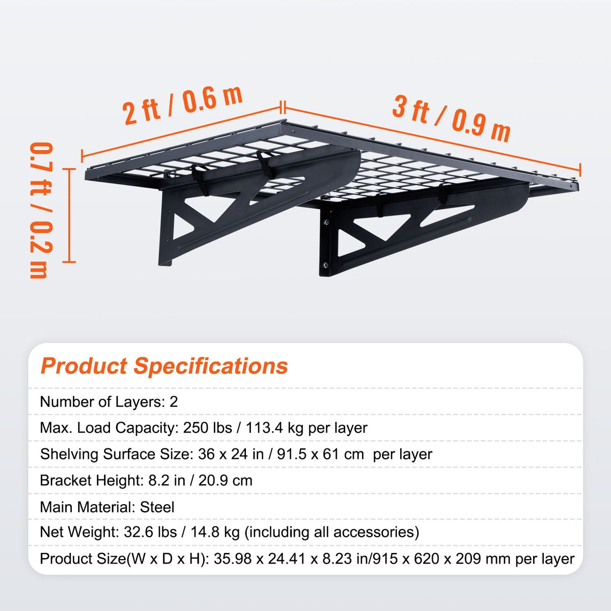 Garage Storage Shelving, 2 Pack, 3 x 2 ft Heavy Duty Garage Shelves Wall Mounted, 500 lbs Load Capacity(Total) Garage Storage Rack Floating Shelves, Suitable for Shop, Shed, Garage Storage