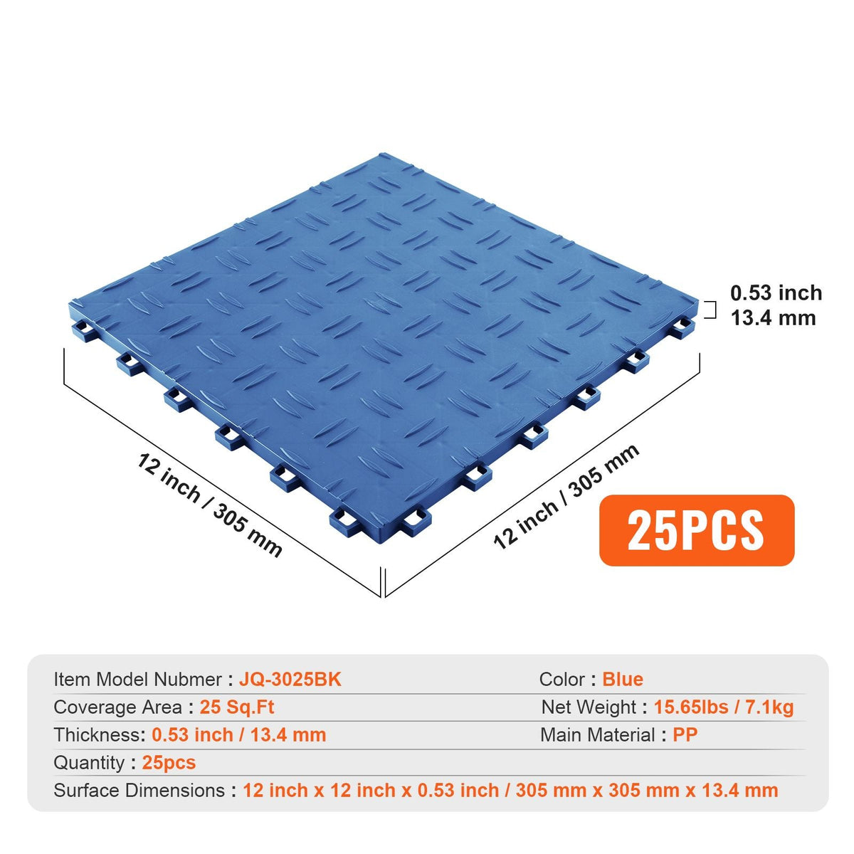 Garage Tiles Interlocking, 12 x 12 x 0.53 inch 25 Pack Garage Floor Covering Tiles, Non-Slip Double-Sided Texture Garage Flooring Tiles, for Garages, Basements, Repair Shops, Blue