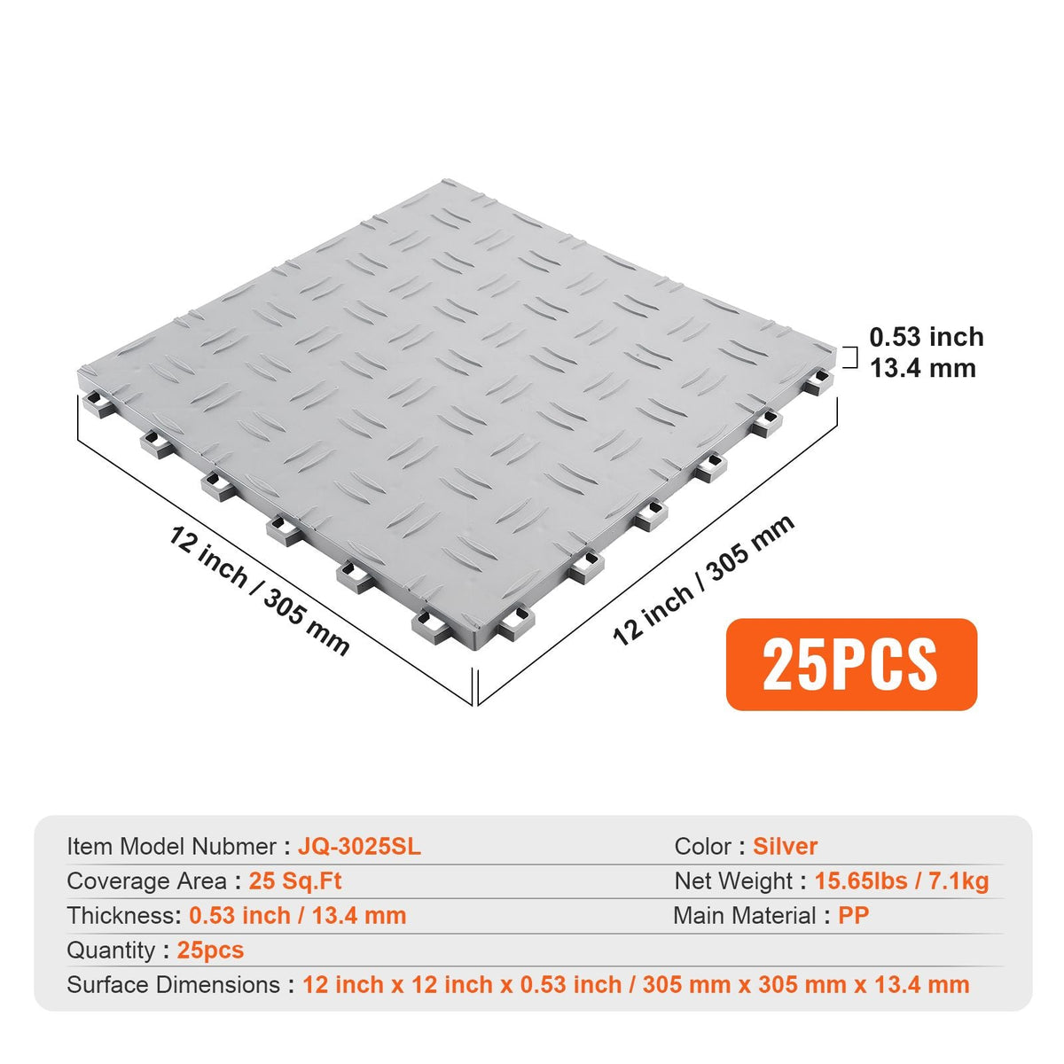 Garage Tiles Interlocking, 12 x 12 x 0.53 inch 25 Pack Garage Floor Covering Tiles, Non-Slip Double-Sided Texture Garage Flooring Tiles, for Garages, Basements, Repair Shops, Silver