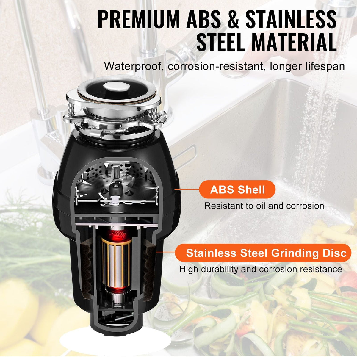 Garbage Disposal, 1/2 HP 3450RPM Continuous Feed Food Waste Disposer, 3-Bolt Mount Food Waste Grinding System with Sound Reduction, Power Cord & Splash Guard for Kitchen Sinks