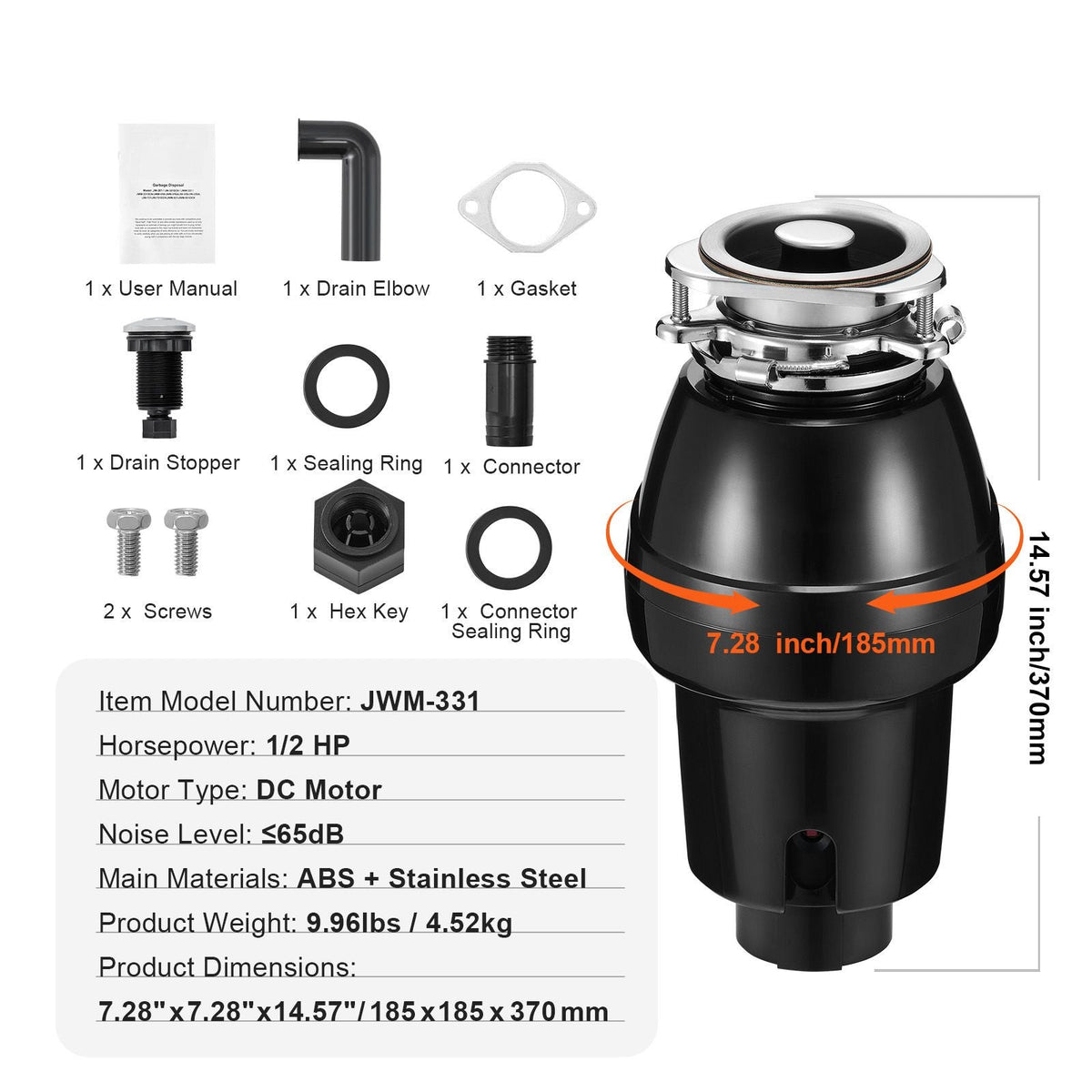 Garbage Disposal, 1/2 HP 3450RPM Continuous Feed Food Waste Disposer, 3-Bolt Mount Food Waste Grinding System with Sound Reduction, Power Cord & Splash Guard for Kitchen Sinks
