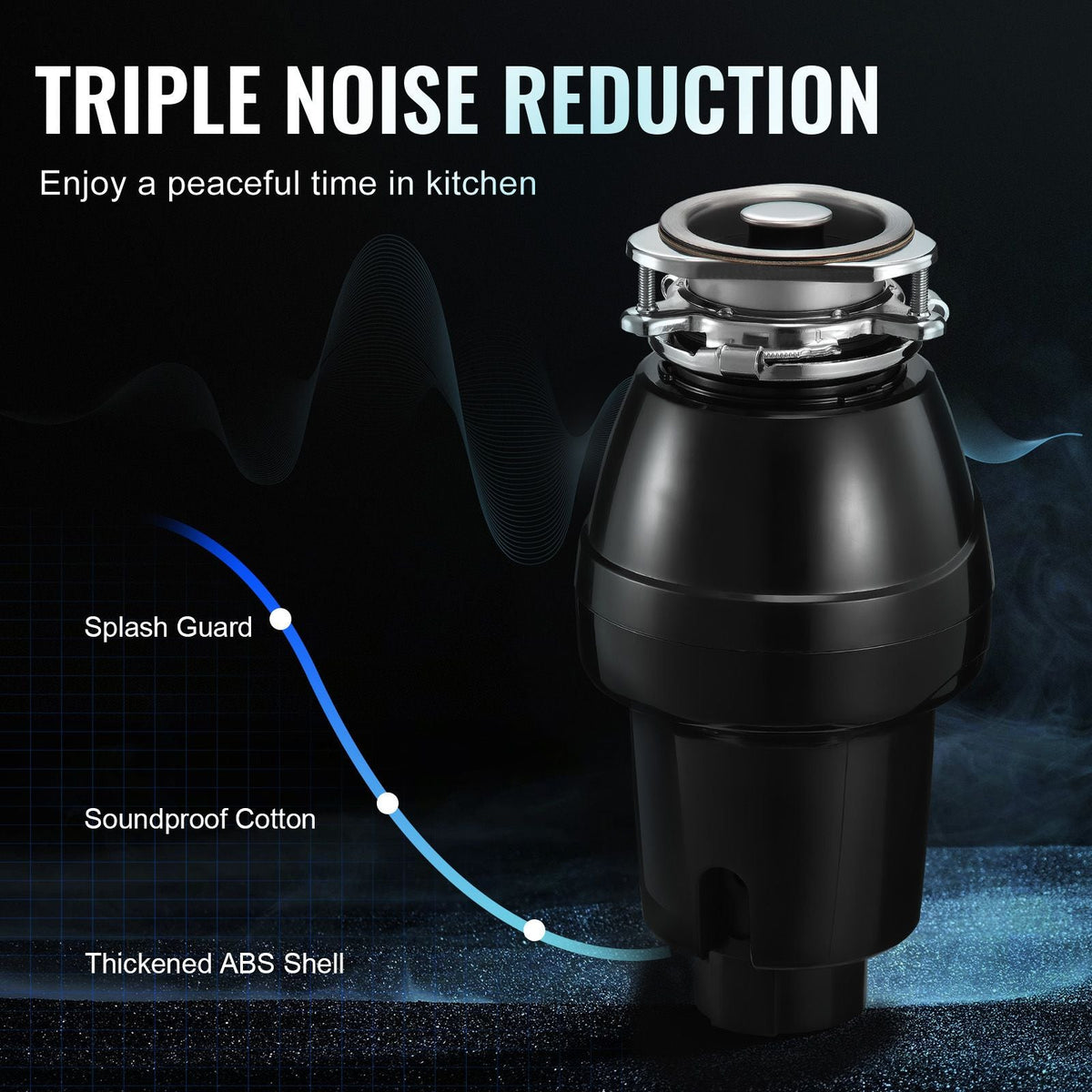 Garbage Disposal, 1/2 HP 3450RPM Continuous Feed Food Waste Disposer, 3-Bolt Mount Food Waste Grinding System with Sound Reduction, Power Cord & Splash Guard for Kitchen Sinks