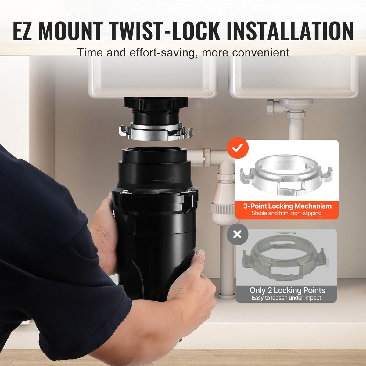 Garbage Disposal, 1/2HP 3450RPM Continuous Feed Food Waste Disposer, EZ Connect Food Waste Grinding System with Power Cord & Splash Guard for Kitchen Sinks