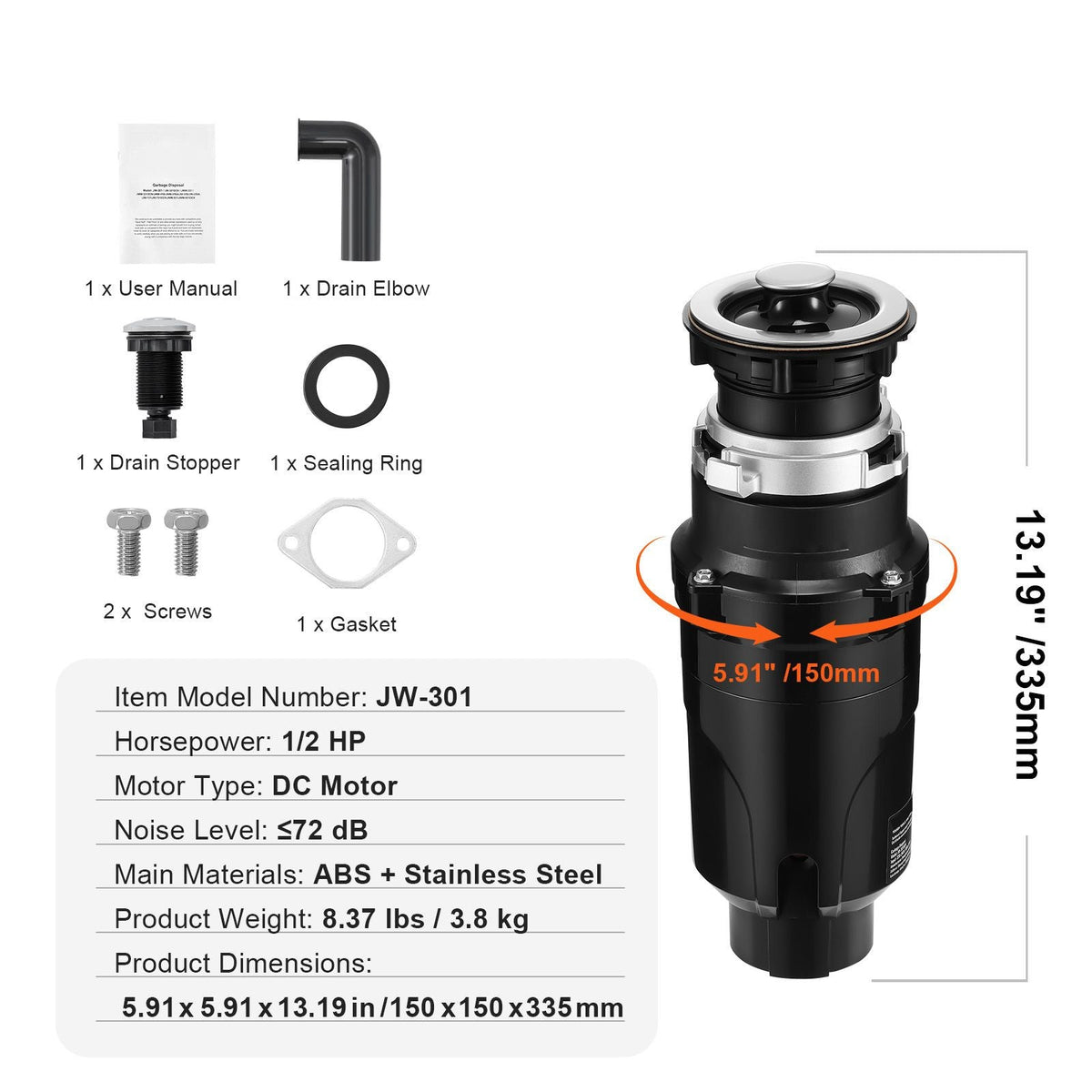 Garbage Disposal, 1/2HP 3450RPM Continuous Feed Food Waste Disposer, EZ Connect Food Waste Grinding System with Power Cord & Splash Guard for Kitchen Sinks